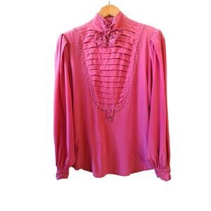 Vintage 80s Blouse‎ Womens 6 Pink Silk Eyelet Bow Coquette Romantic Girly Top